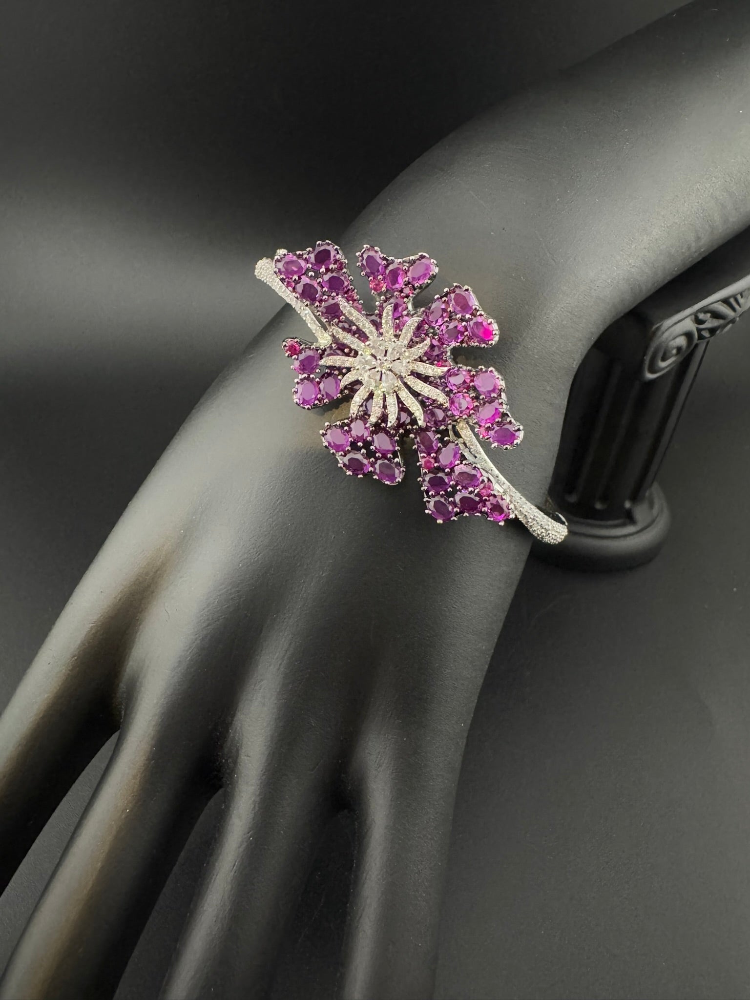 Single Silver Openable Designer bracelet with crystal stones, Cubic Zirconia, pearls in unique setting/single bangle/Fits size upto 2.6"