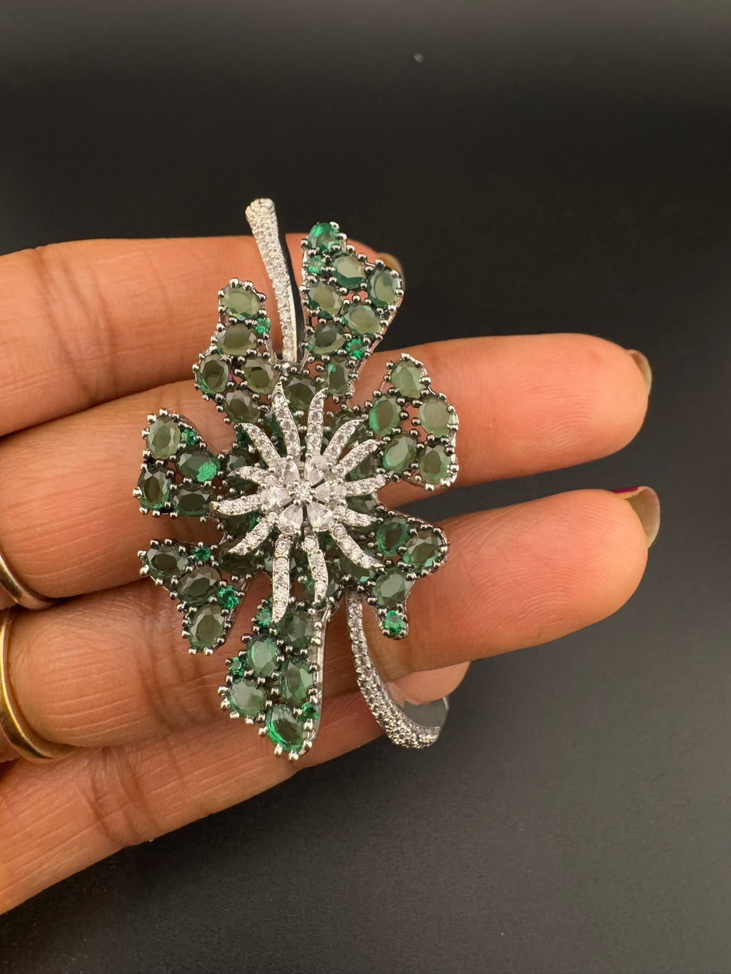 Single Silver Openable Designer bracelet with crystal stones, Cubic Zirconia, pearls in unique setting/single bangle/Fits size upto 2.6"