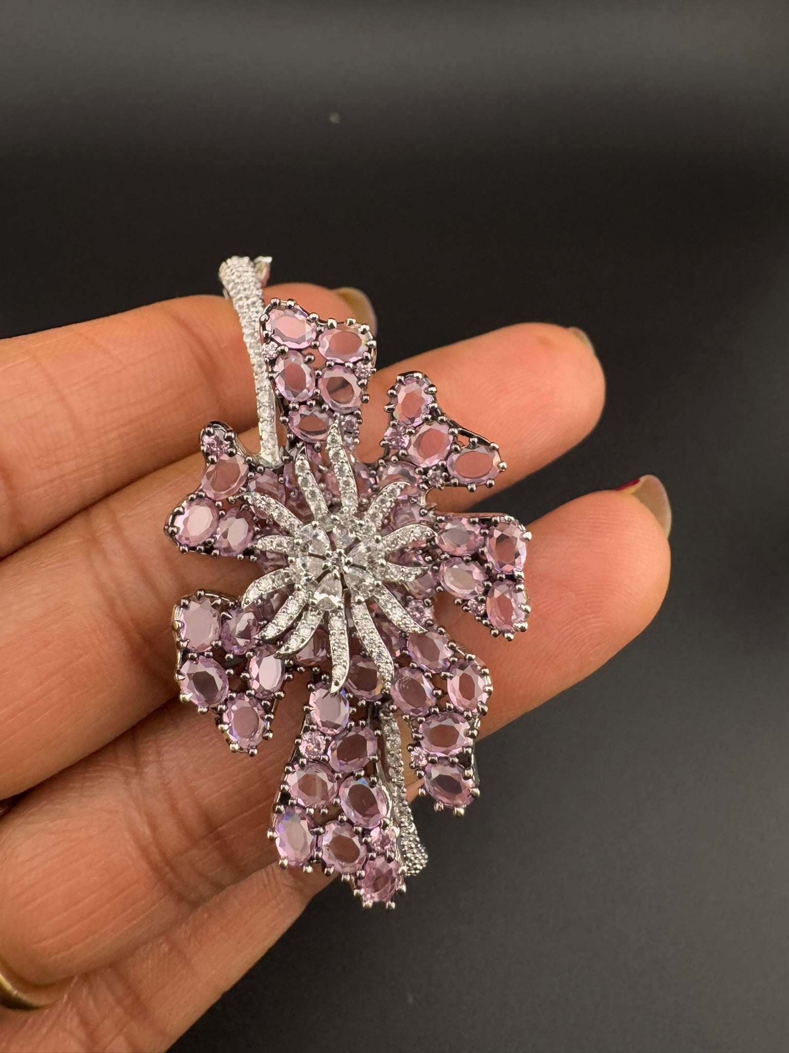 Single Silver Openable Designer bracelet with crystal stones, Cubic Zirconia, pearls in unique setting/single bangle/Fits size upto 2.6"