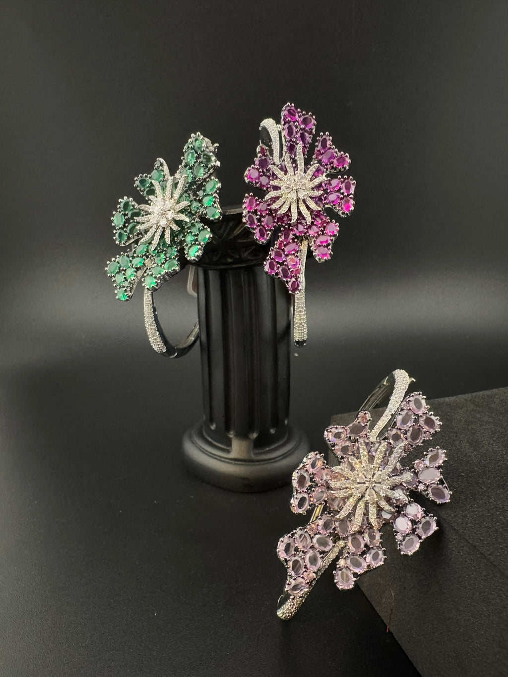 Single Silver Openable Designer bracelet with crystal stones, Cubic Zirconia, pearls in unique setting/single bangle/Fits size upto 2.6"