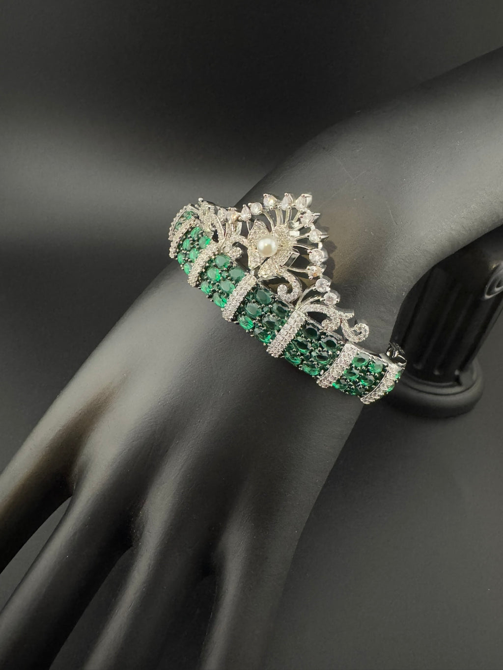 Single Silver Openable Designer bracelet with crystal stones, Cubic Zirconia, pearls in unique setting/single bangle/Fits size upto 2.6"