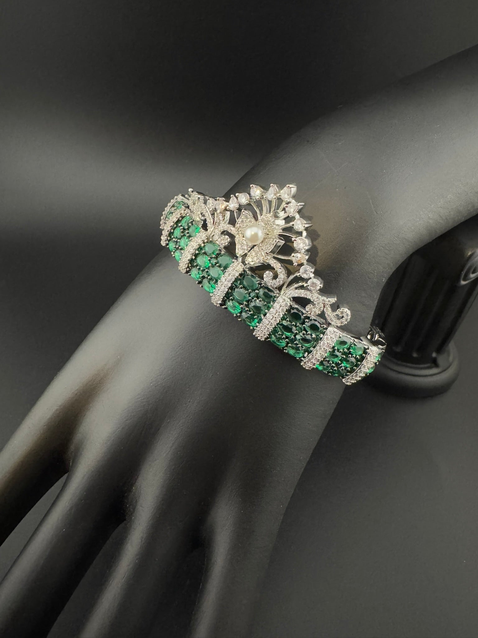 Single Silver Openable Designer bracelet with crystal stones, Cubic Zirconia, pearls in unique setting/single bangle/Fits size upto 2.6"