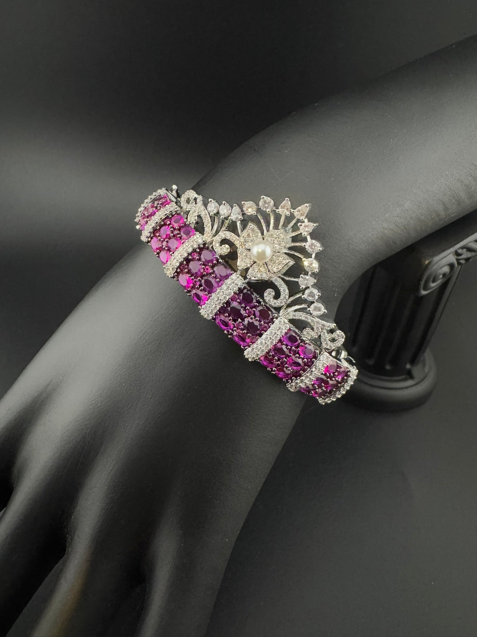 Single Silver Openable Designer bracelet with crystal stones, Cubic Zirconia, pearls in unique setting/single bangle/Fits size upto 2.6"