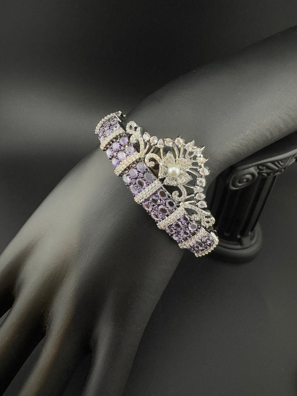 Single Silver Openable Designer bracelet with crystal stones, Cubic Zirconia, pearls in unique setting/single bangle/Fits size upto 2.6"