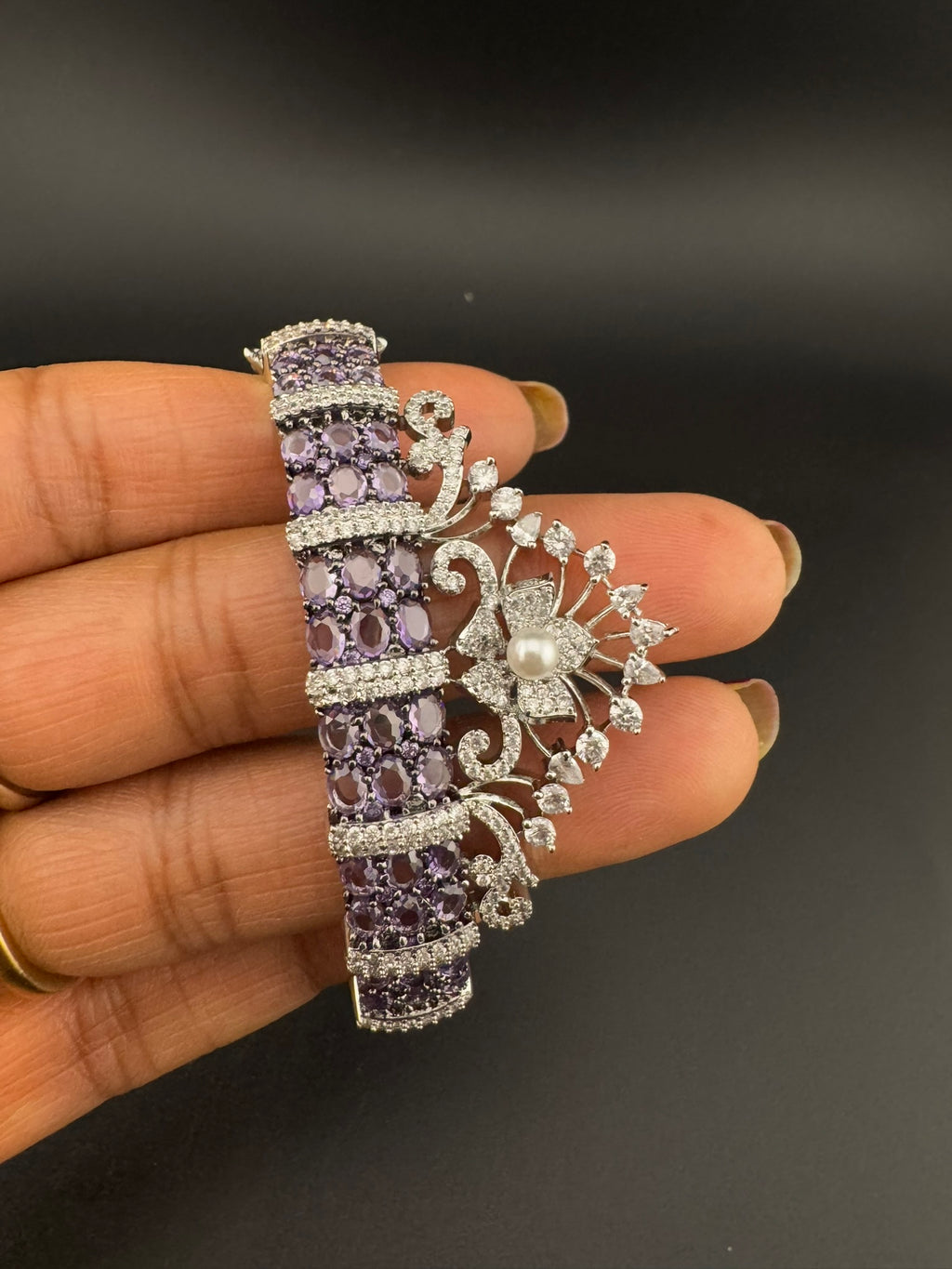 Single Silver Openable Designer bracelet with crystal stones, Cubic Zirconia, pearls in unique setting/single bangle/Fits size upto 2.6"