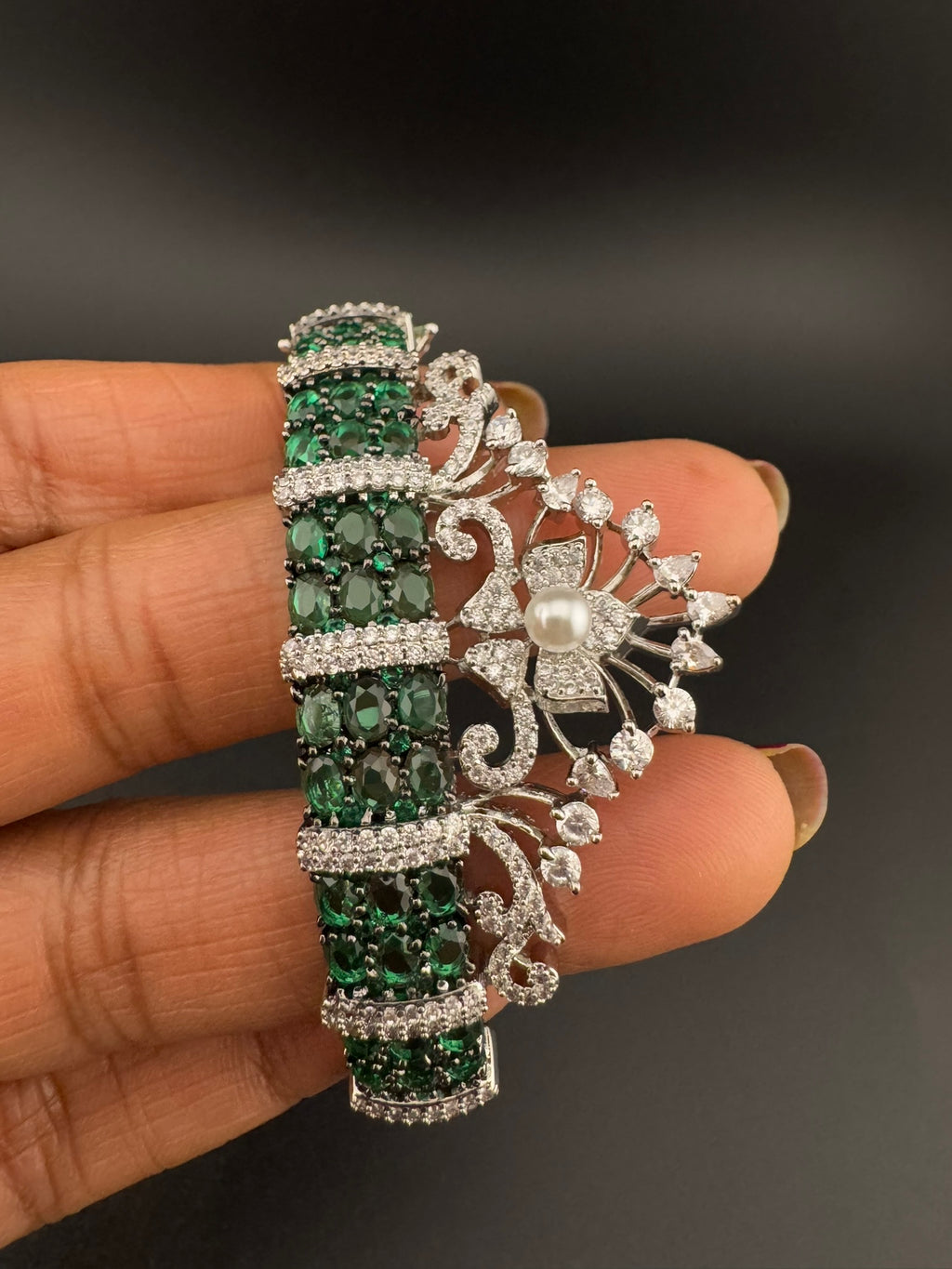 Single Silver Openable Designer bracelet with crystal stones, Cubic Zirconia, pearls in unique setting/single bangle/Fits size upto 2.6"