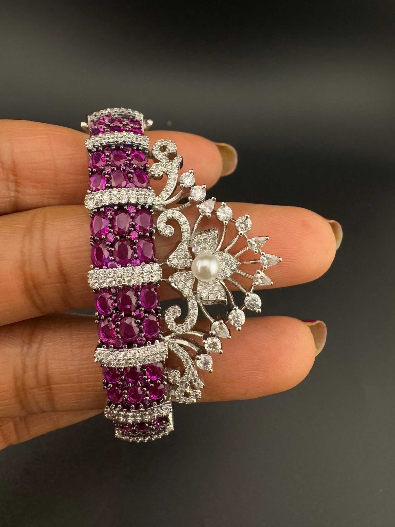 Single Silver Openable Designer bracelet with crystal stones, Cubic Zirconia, pearls in unique setting/single bangle/Fits size upto 2.6"