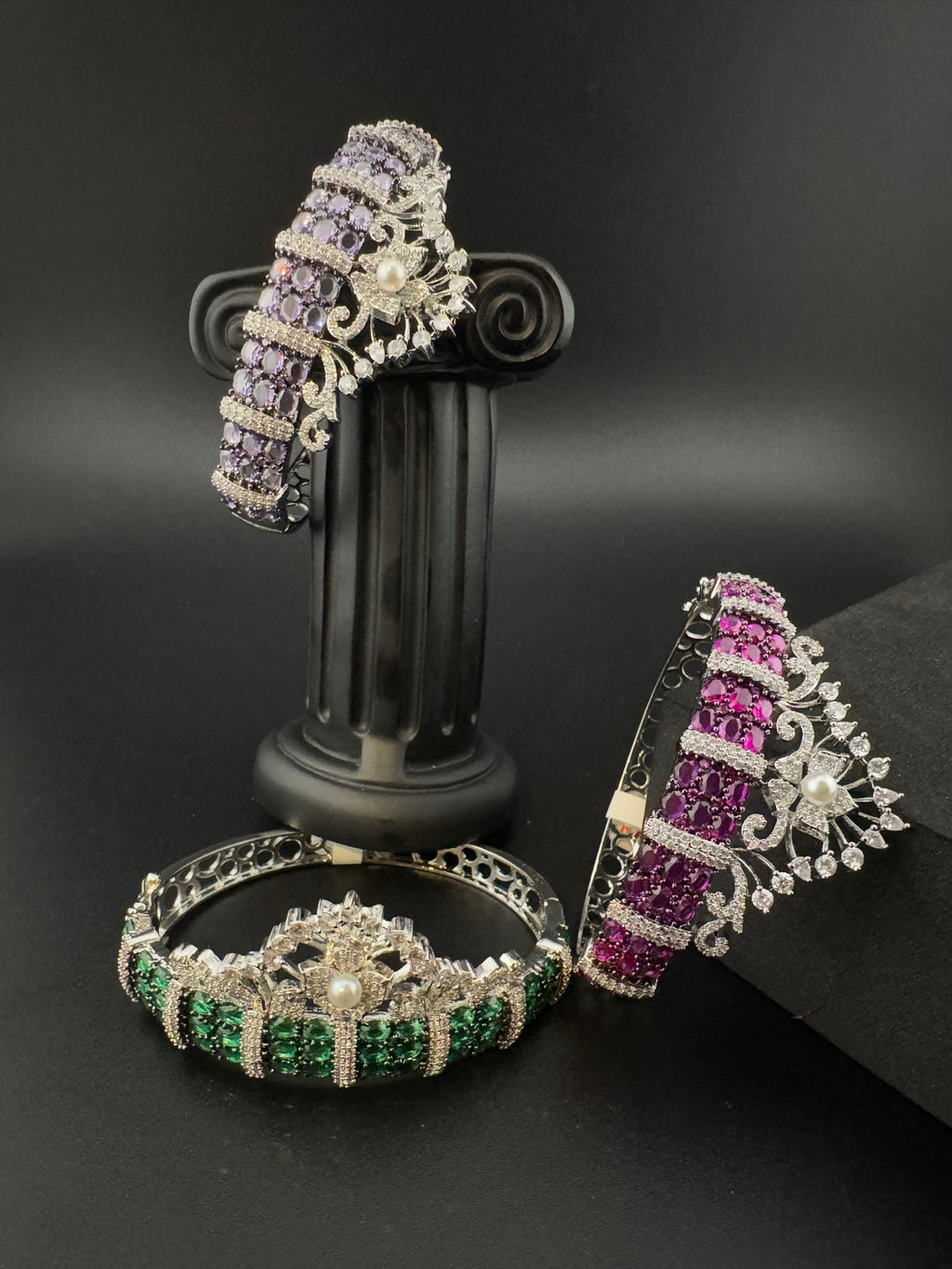 Single Silver Openable Designer bracelet with crystal stones, Cubic Zirconia, pearls in unique setting/single bangle/Fits size upto 2.6"