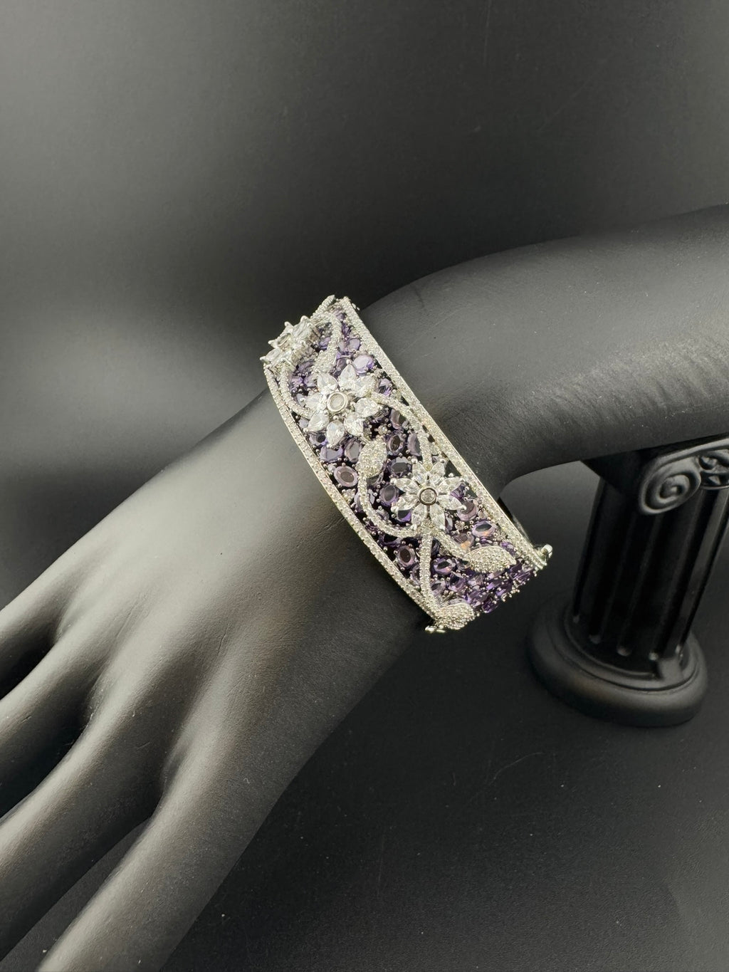 Single Silver Openable Designer bracelet with crystal stones, Cubic Zirconia in unique Nano setting/single bangle/Fits size upto 2.6"