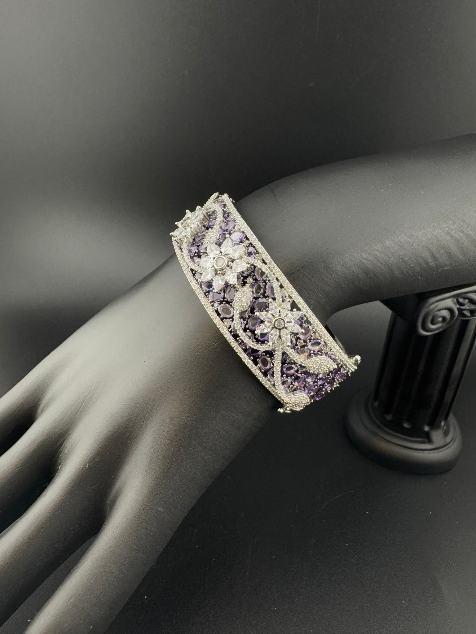 Single Silver Openable Designer bracelet with crystal stones, Cubic Zirconia in unique Nano setting/single bangle/Fits size upto 2.6"