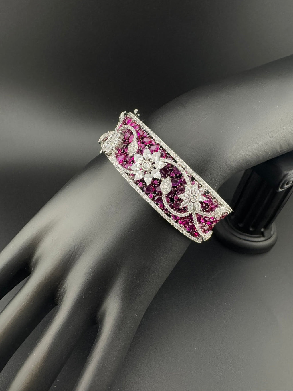 Single Silver Openable Designer bracelet with crystal stones, Cubic Zirconia in unique Nano setting/single bangle/Fits size upto 2.6"