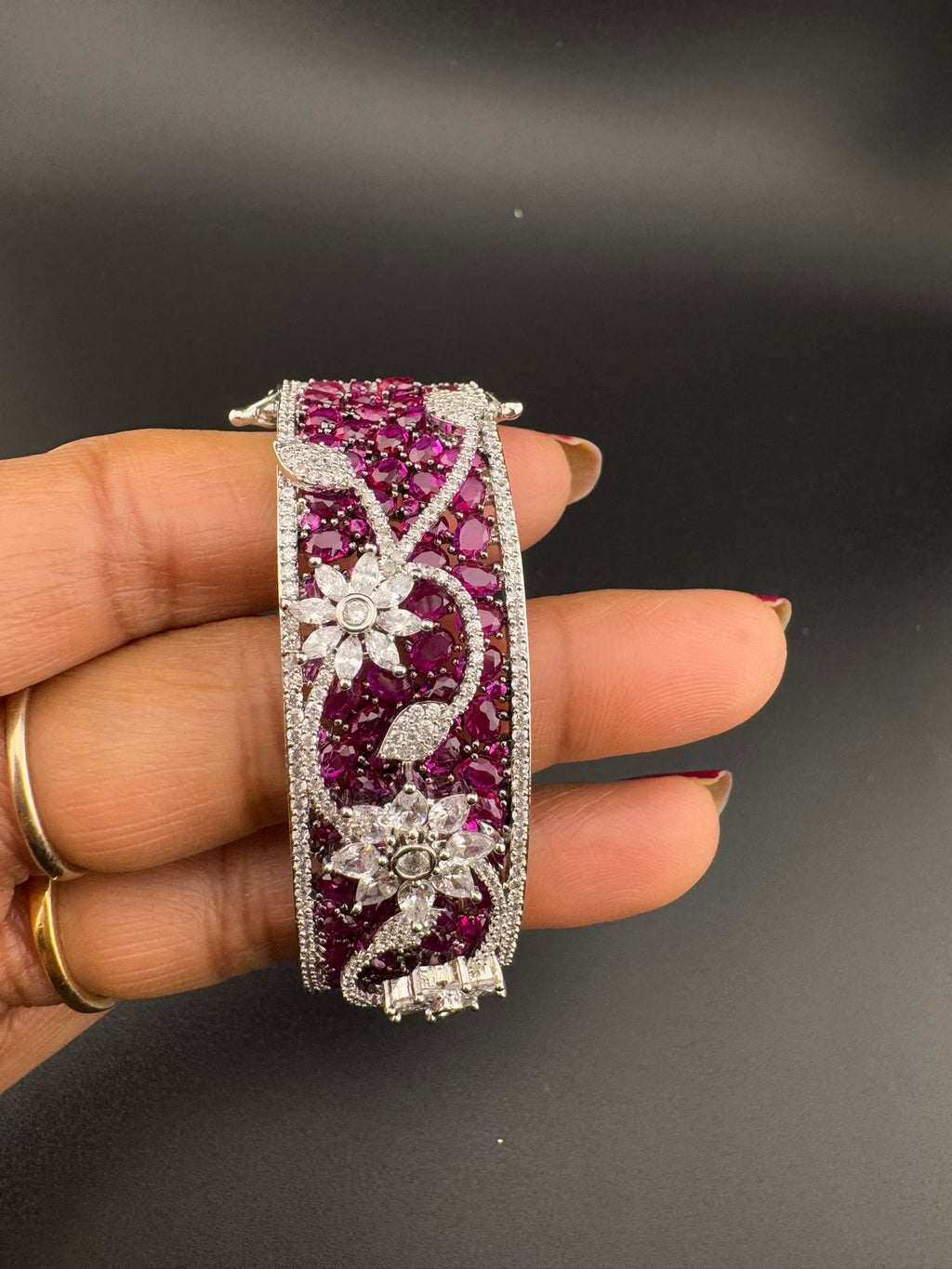 Single Silver Openable Designer bracelet with crystal stones, Cubic Zirconia in unique Nano setting/single bangle/Fits size upto 2.6"