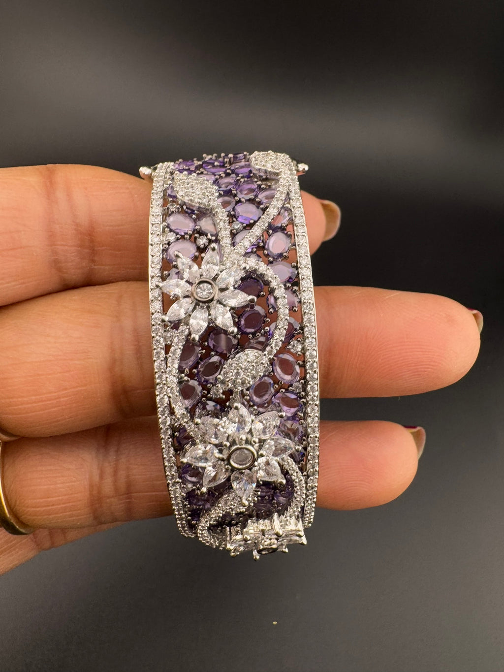 Single Silver Openable Designer bracelet with crystal stones, Cubic Zirconia in unique Nano setting/single bangle/Fits size upto 2.6"