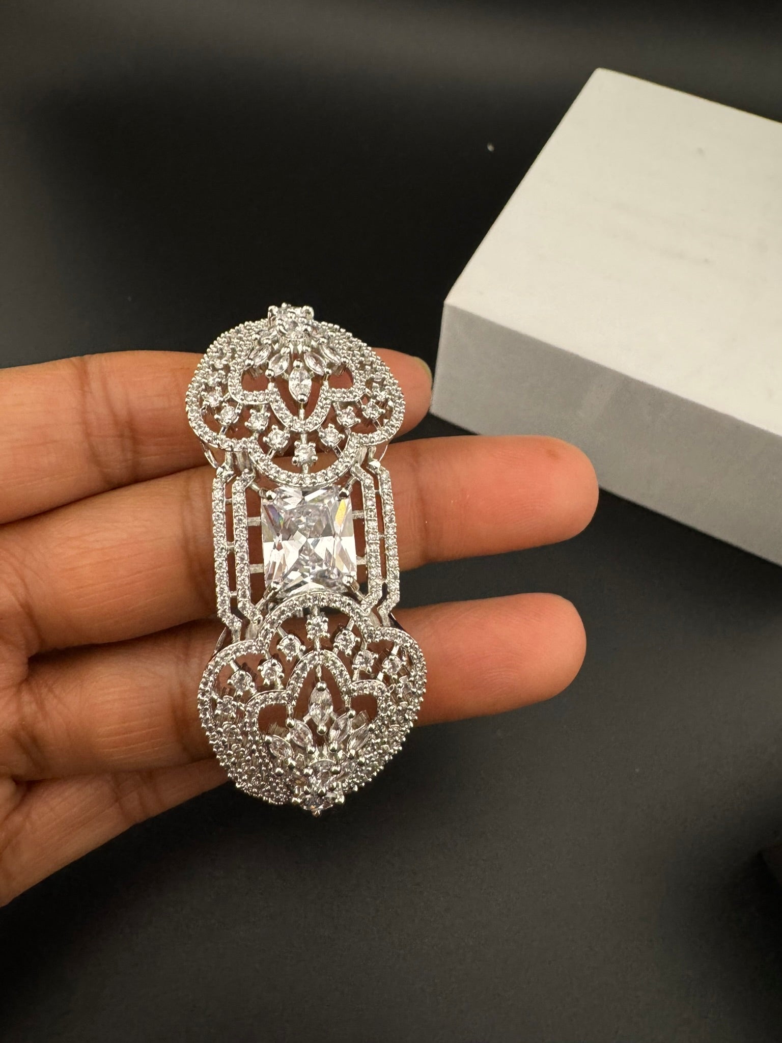 Silver color Openable Designer bracelet with crystal stones, Cubic Zirconia in unique Nano setting