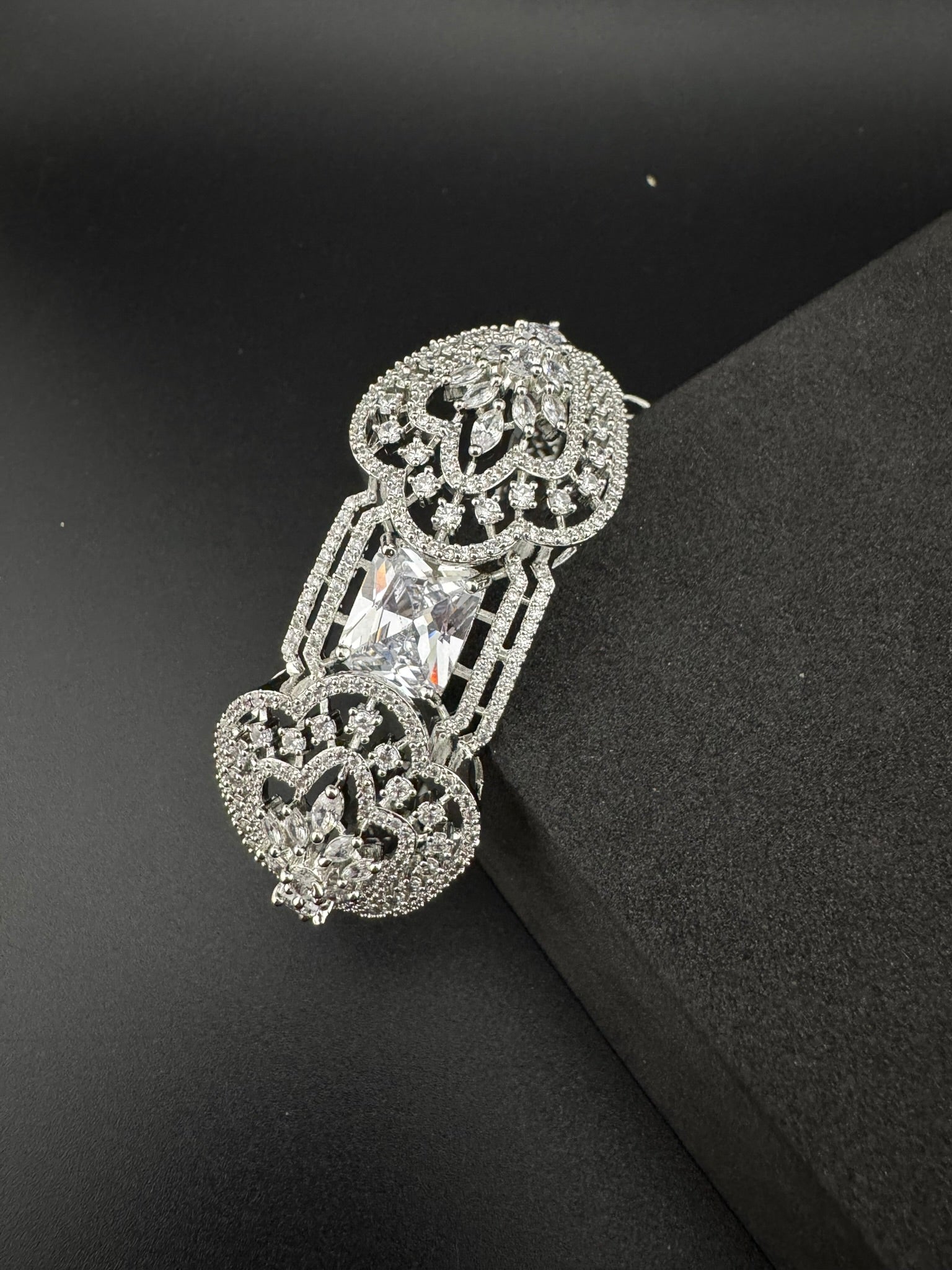 Silver color Openable Designer bracelet with crystal stones, Cubic Zirconia in unique Nano setting