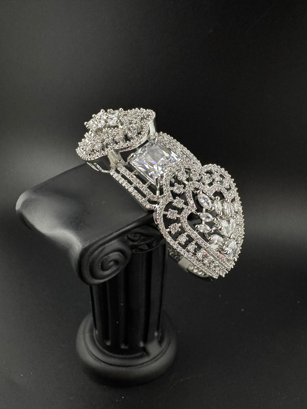 Silver color Openable Designer bracelet with crystal stones, Cubic Zirconia in unique Nano setting