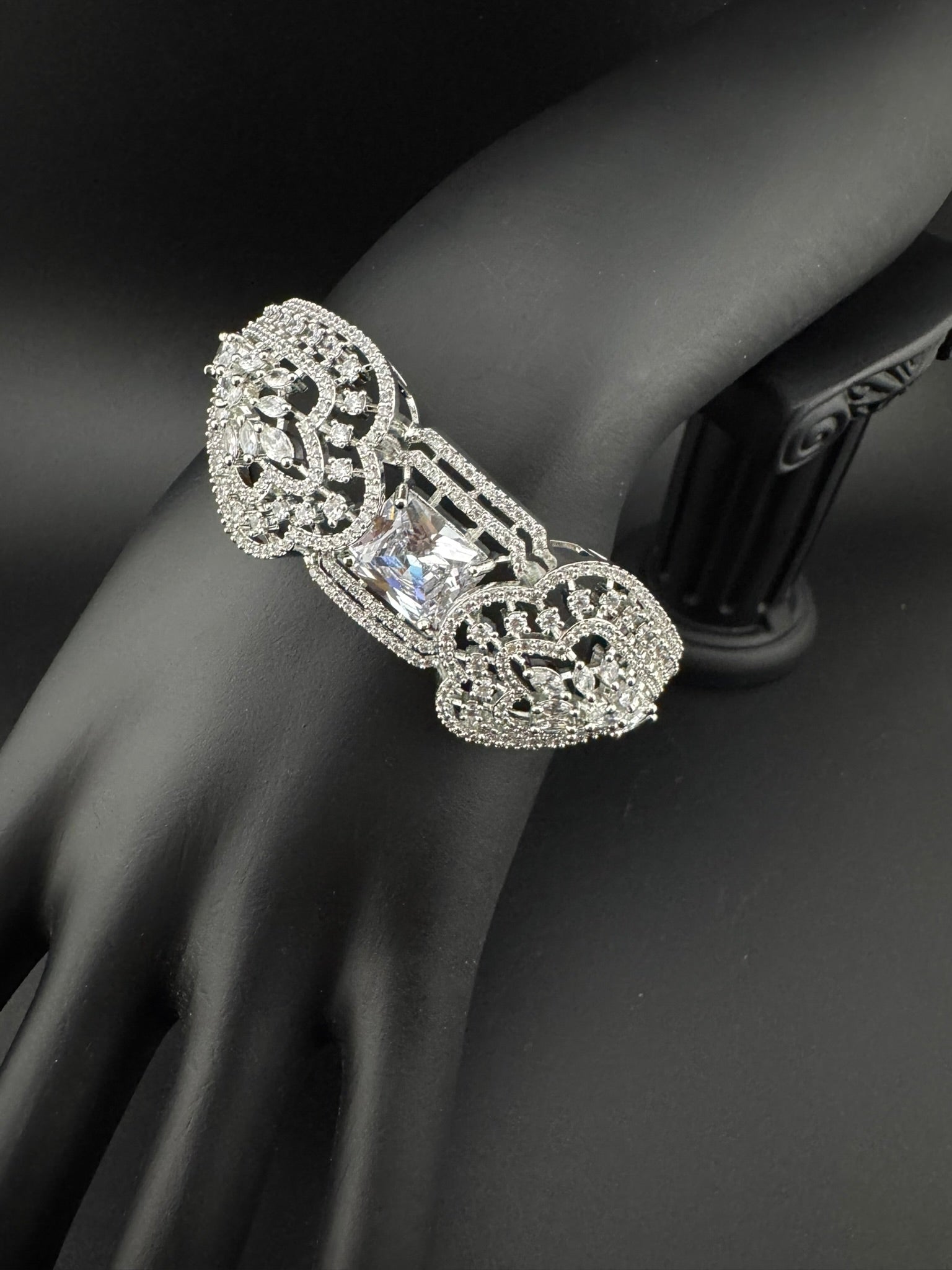 Silver color Openable Designer bracelet with crystal stones, Cubic Zirconia in unique Nano setting