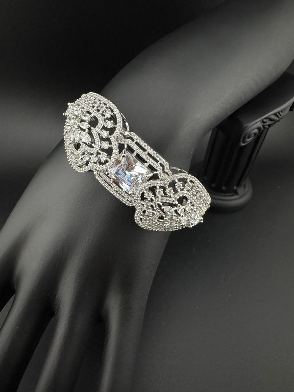 Silver color Openable Designer bracelet with crystal stones, Cubic Zirconia in unique Nano setting
