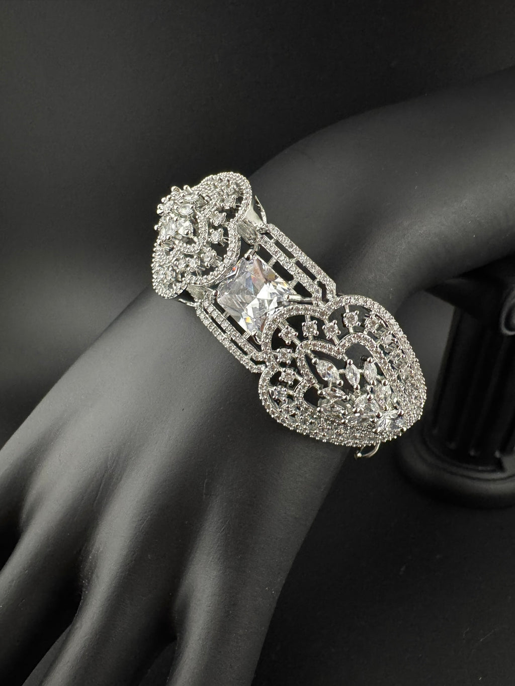 Silver color Openable Designer bracelet with crystal stones, Cubic Zirconia in unique Nano setting
