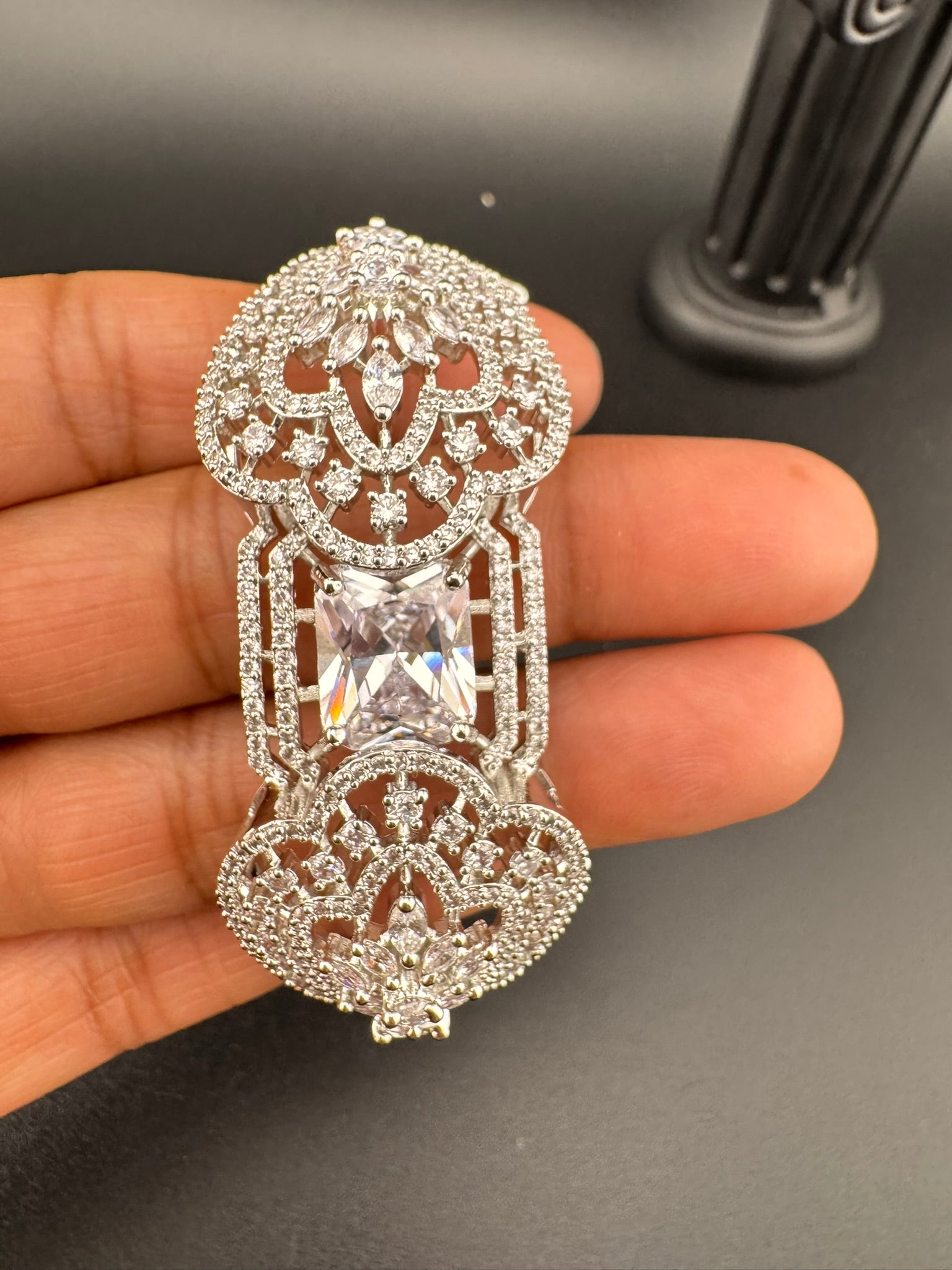 Silver color Openable Designer bracelet with crystal stones, Cubic Zirconia in unique Nano setting