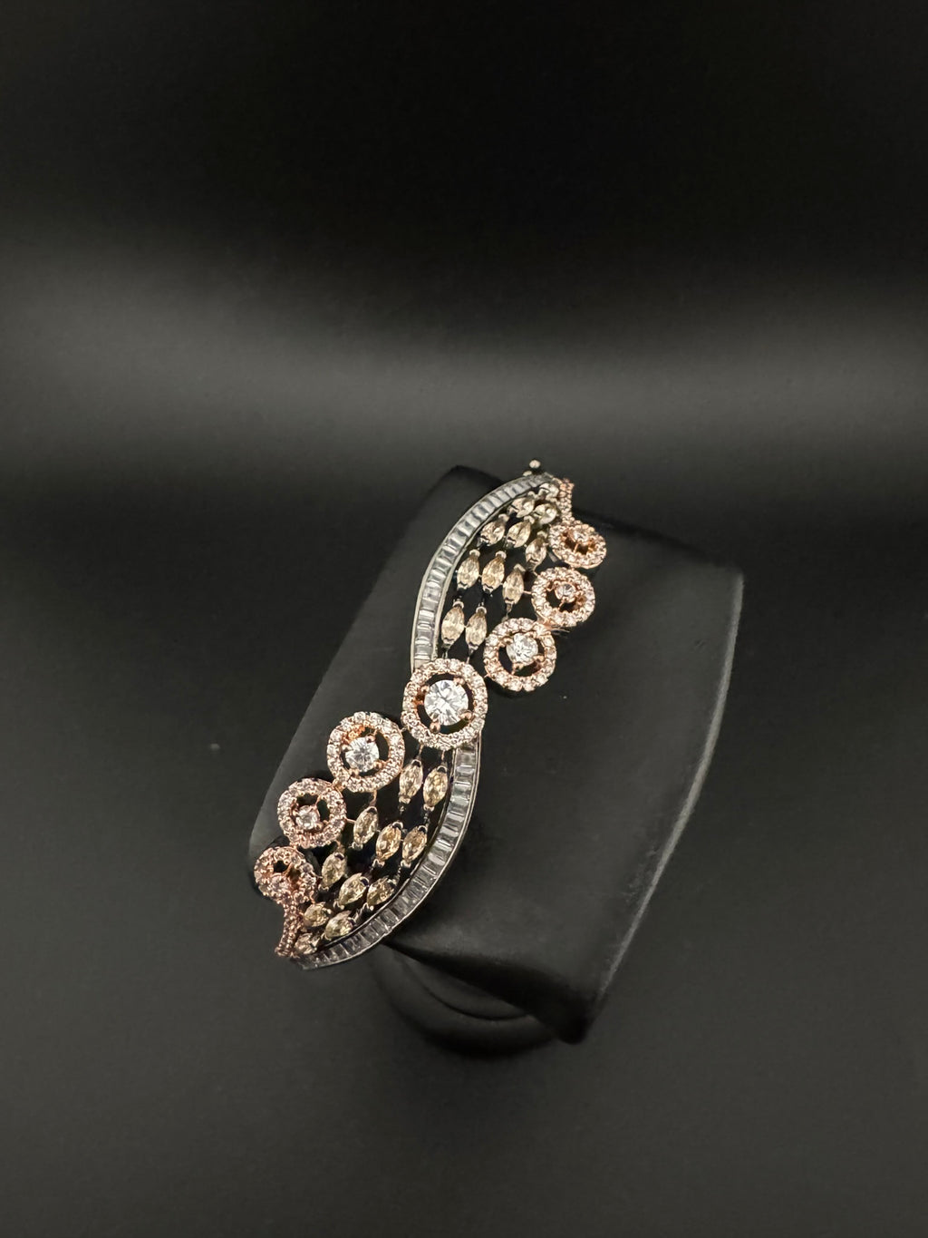 Rose Gold Openable Designer bracelet with crystal stones, Cubic Zirconia in unique Nano setting