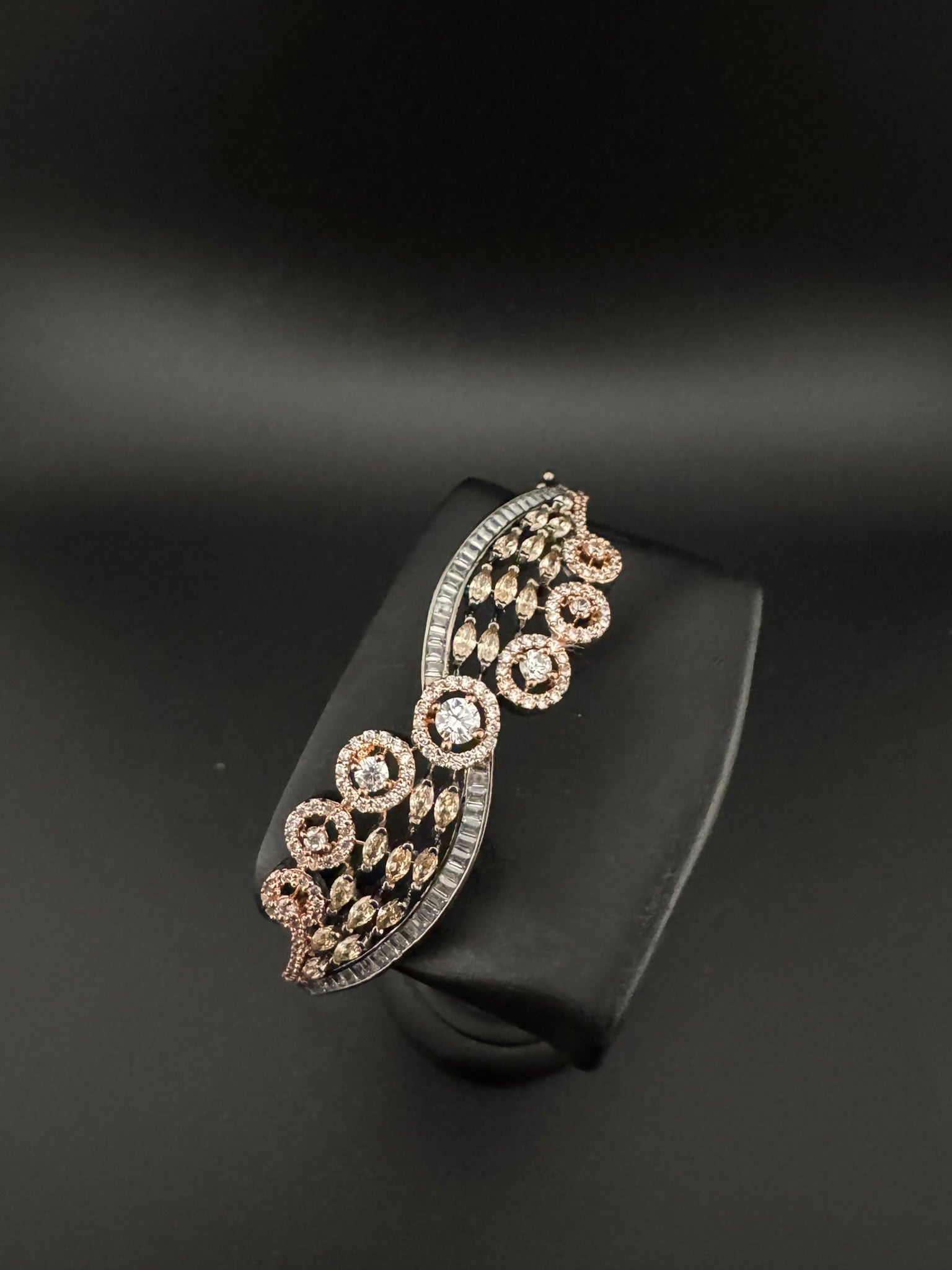 Rose Gold Openable Designer bracelet with crystal stones, Cubic Zirconia in unique Nano setting