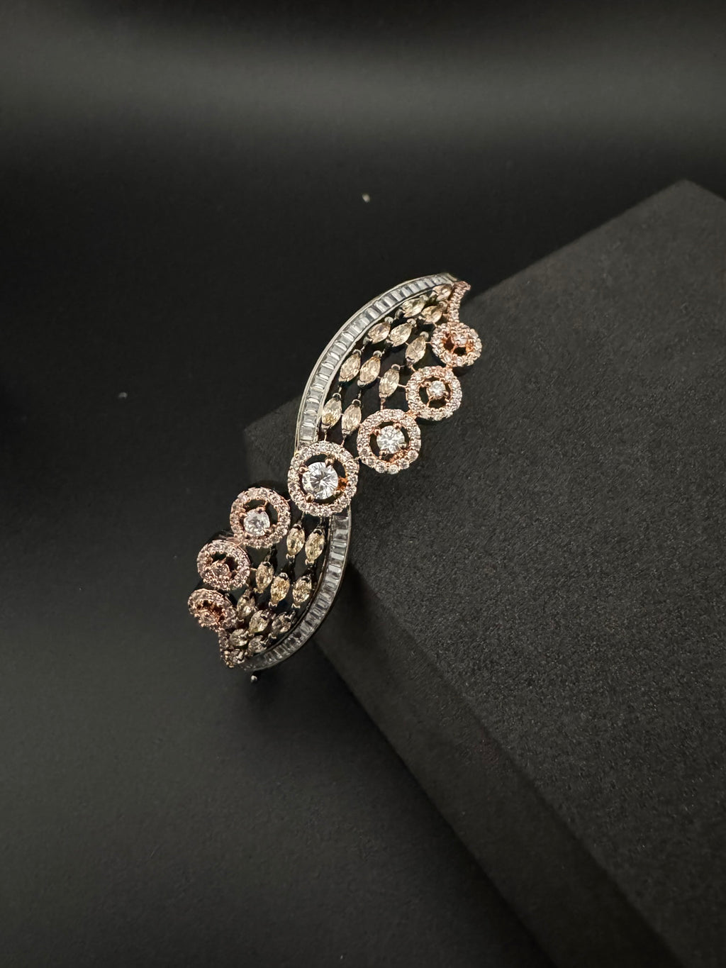 Rose Gold Openable Designer bracelet with crystal stones, Cubic Zirconia in unique Nano setting