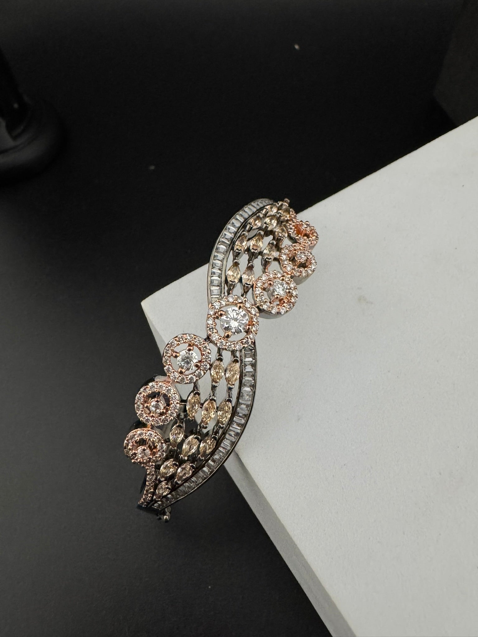 Rose Gold Openable Designer bracelet with crystal stones, Cubic Zirconia in unique Nano setting