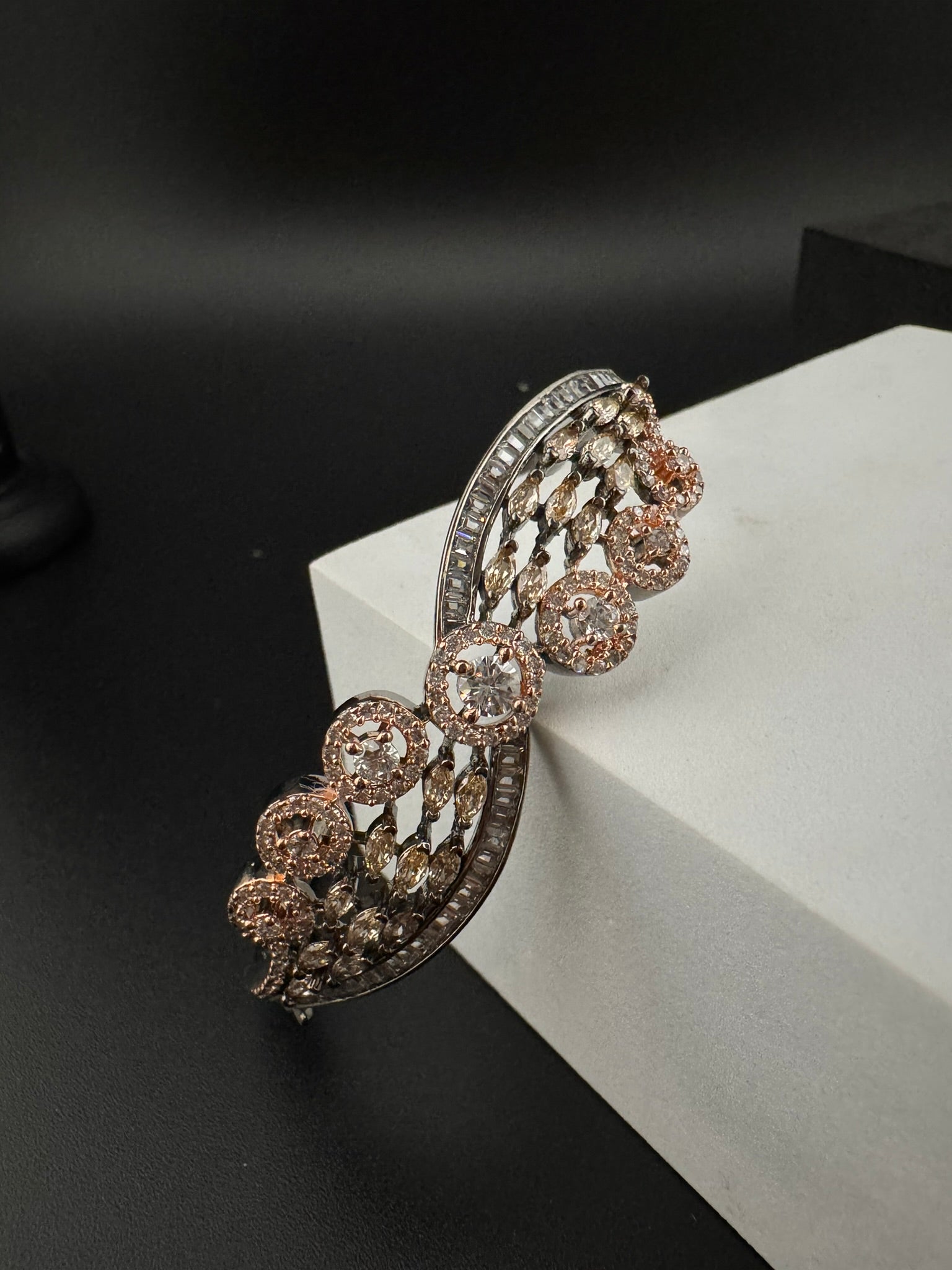 Rose Gold Openable Designer bracelet with crystal stones, Cubic Zirconia in unique Nano setting