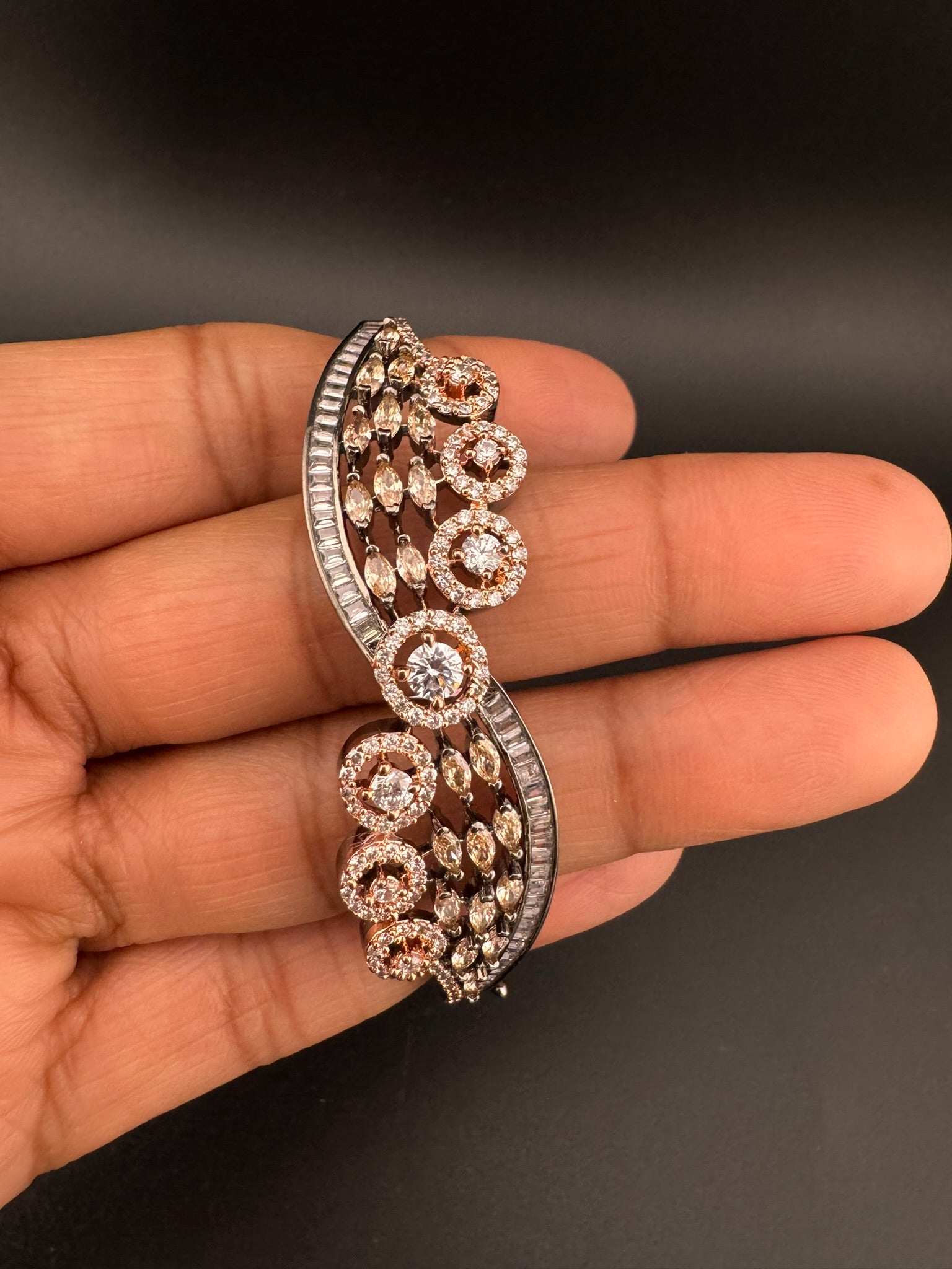 Rose Gold Openable Designer bracelet with crystal stones, Cubic Zirconia in unique Nano setting