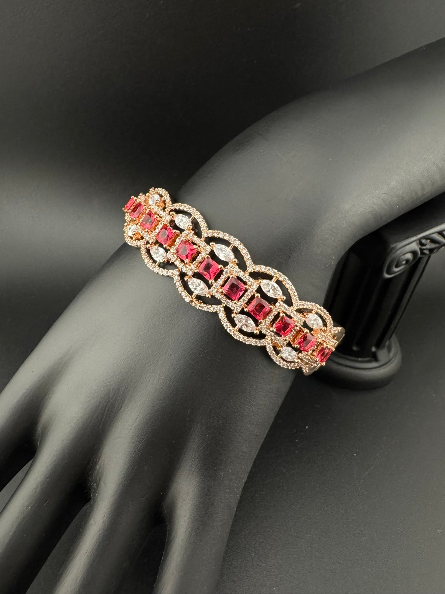 Rose Gold Openable Designer bracelet with crystal stones, Cubic Zirconia in unique Nano setting