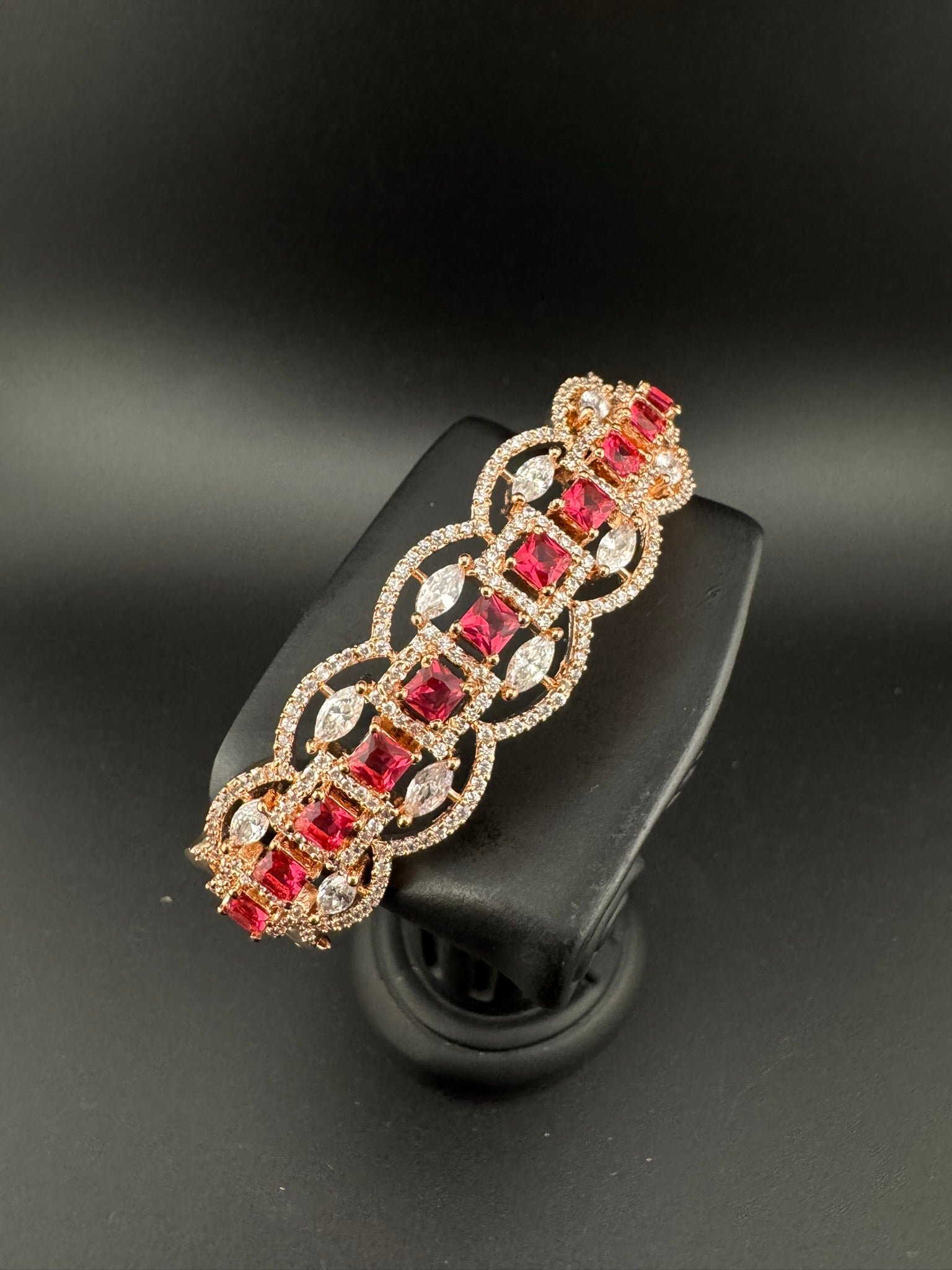Rose Gold Openable Designer bracelet with crystal stones, Cubic Zirconia in unique Nano setting