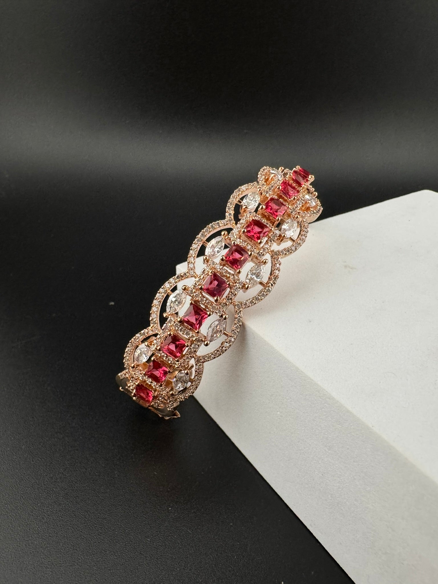 Rose Gold Openable Designer bracelet with crystal stones, Cubic Zirconia in unique Nano setting