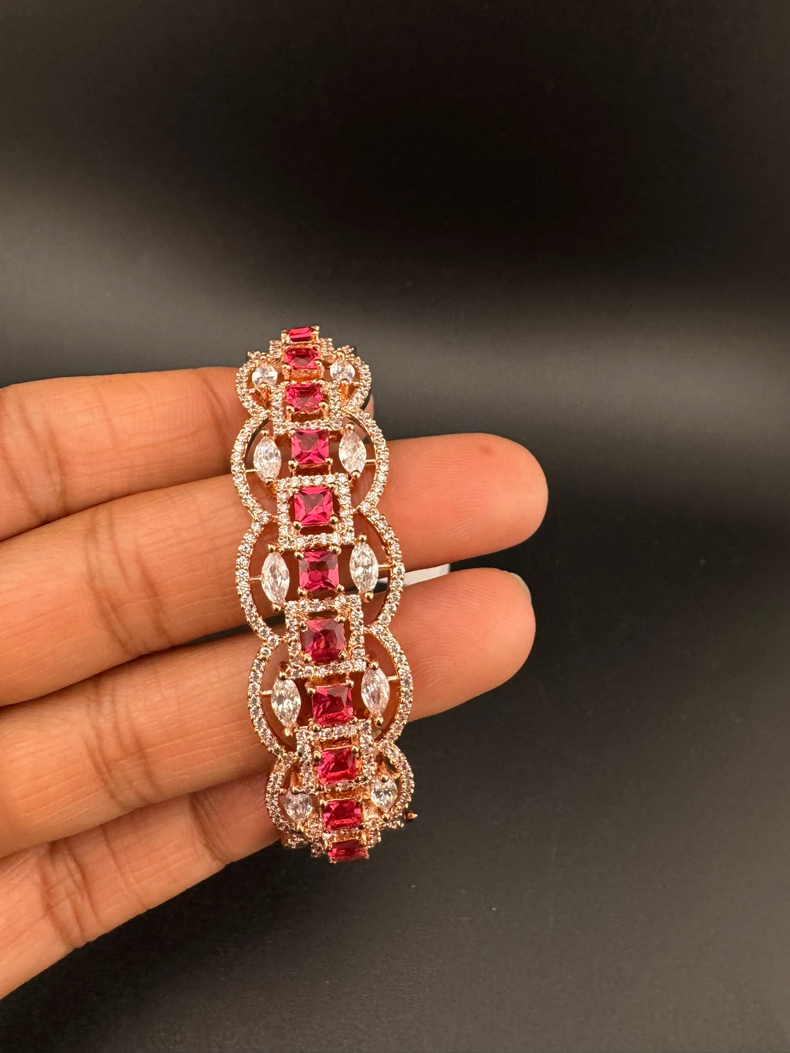 Rose Gold Openable Designer bracelet with crystal stones, Cubic Zirconia in unique Nano setting