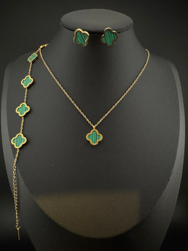 Anti-Tarnish Water resistant 18K Gold color plated clover Necklace SET with earrings and Bracelet/Office wear /Everyday jewelry/Light weight everyday jewelry