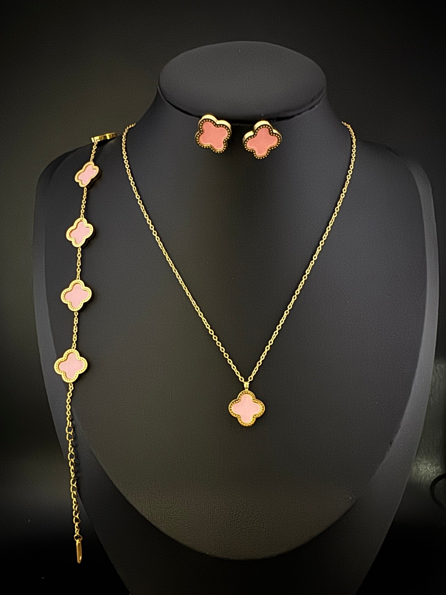 Anti-Tarnish Water resistant 18K Gold color plated clover Necklace SET with earrings and Bracelet/Office wear /Everyday jewelry/Light weight everyday jewelry