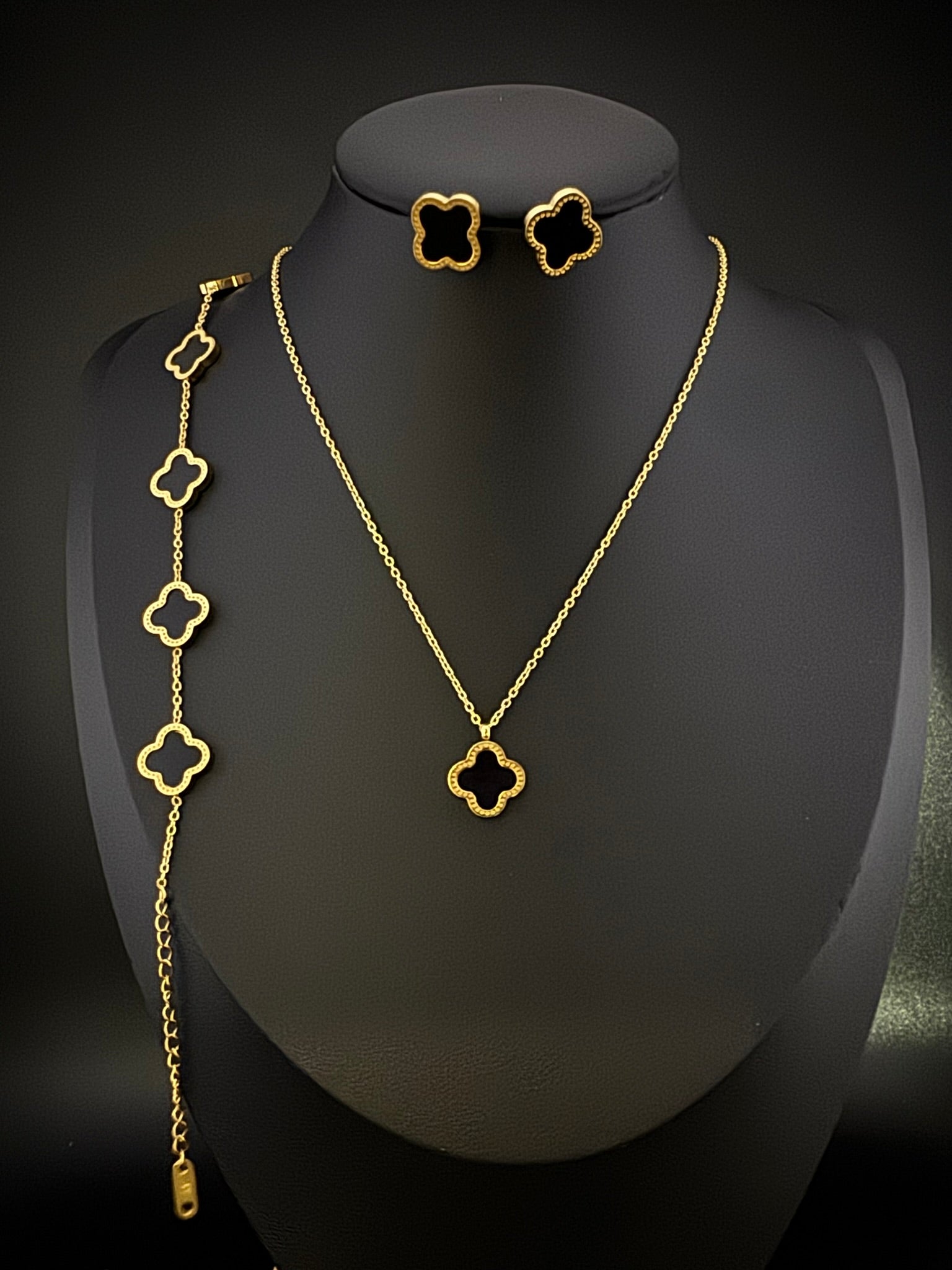 Anti-Tarnish Water resistant 18K Gold color plated clover Necklace SET with earrings and Bracelet/Office wear /Everyday jewelry/Light weight everyday jewelry