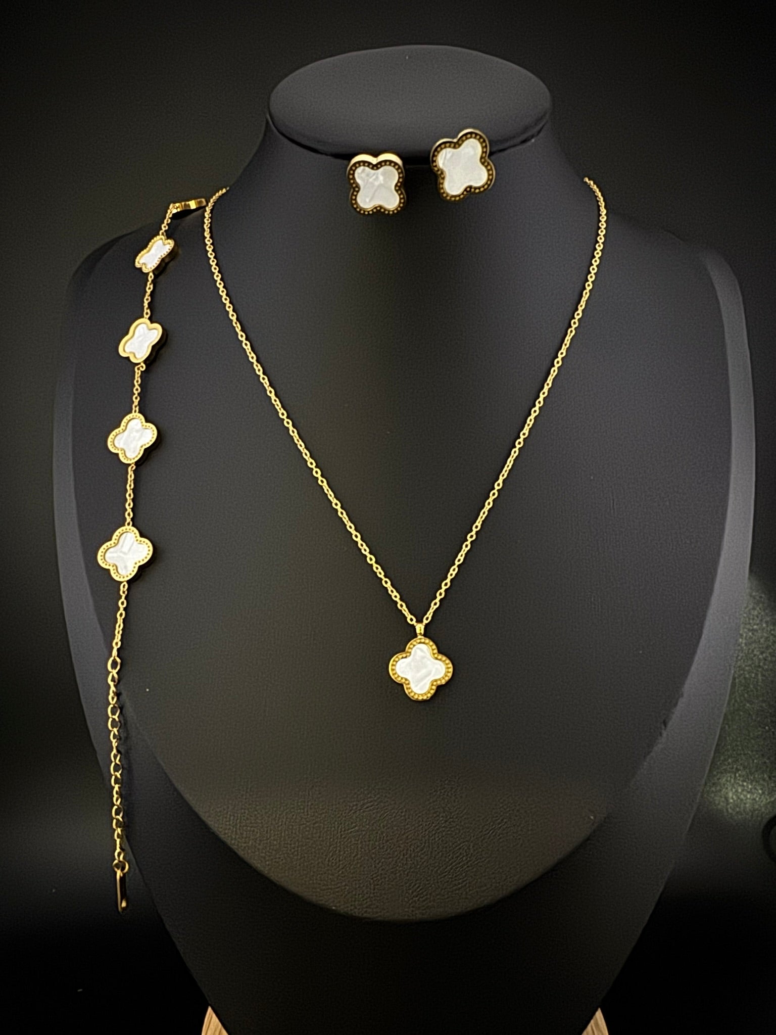 Anti-Tarnish Water resistant 18K Gold color plated clover Necklace SET with earrings and Bracelet/Office wear /Everyday jewelry/Light weight everyday jewelry