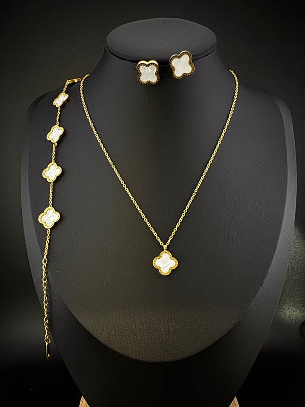 Anti-Tarnish Water resistant 18K Gold color plated clover Necklace SET with earrings and Bracelet/Office wear /Everyday jewelry/Light weight everyday jewelry