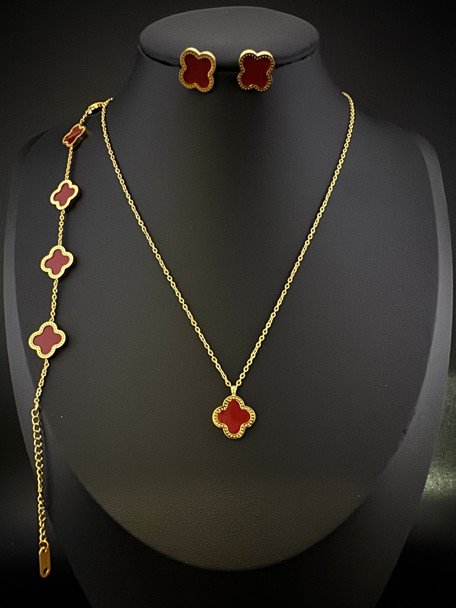 Anti-Tarnish Water resistant 18K Gold color plated clover Necklace SET with earrings and Bracelet/Office wear /Everyday jewelry/Light weight everyday jewelry