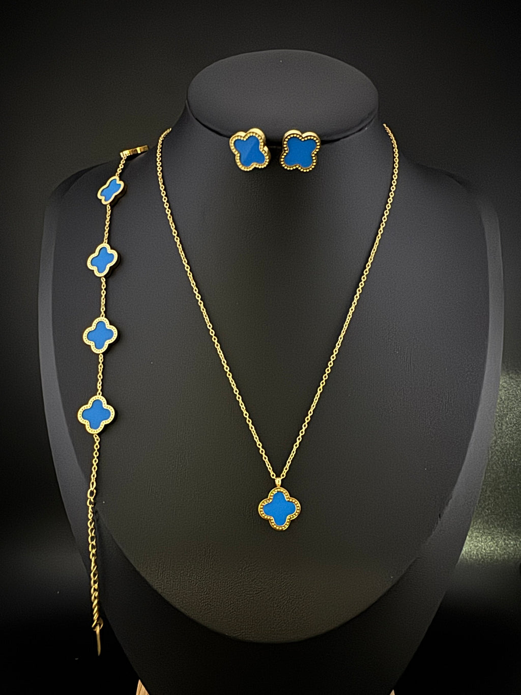 Anti-Tarnish Water resistant 18K Gold color plated clover Necklace SET with earrings and Bracelet/Office wear /Everyday jewelry/Light weight everyday jewelry