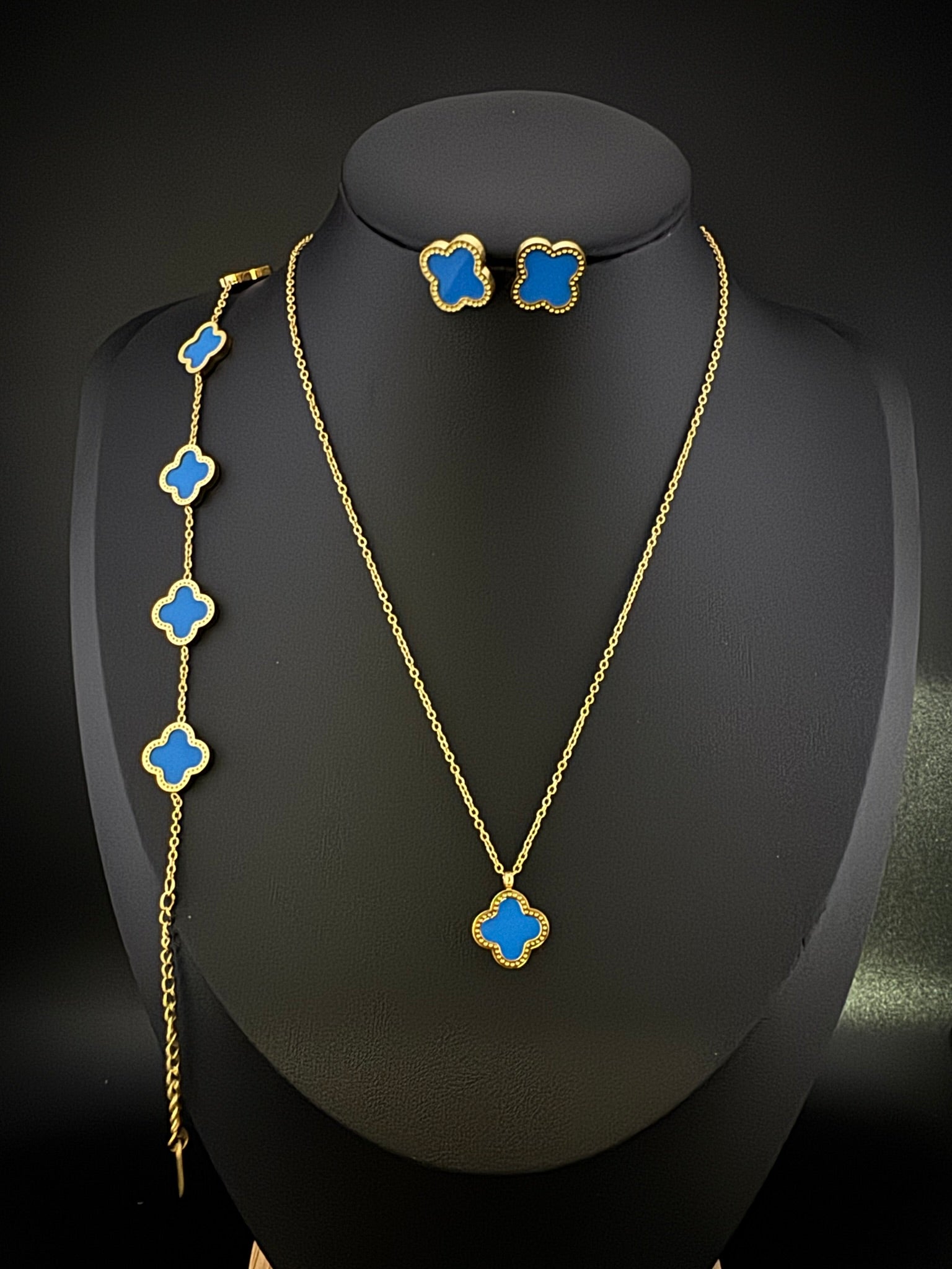 Anti-Tarnish Water resistant 18K Gold color plated clover Necklace SET with earrings and Bracelet/Office wear /Everyday jewelry/Light weight everyday jewelry