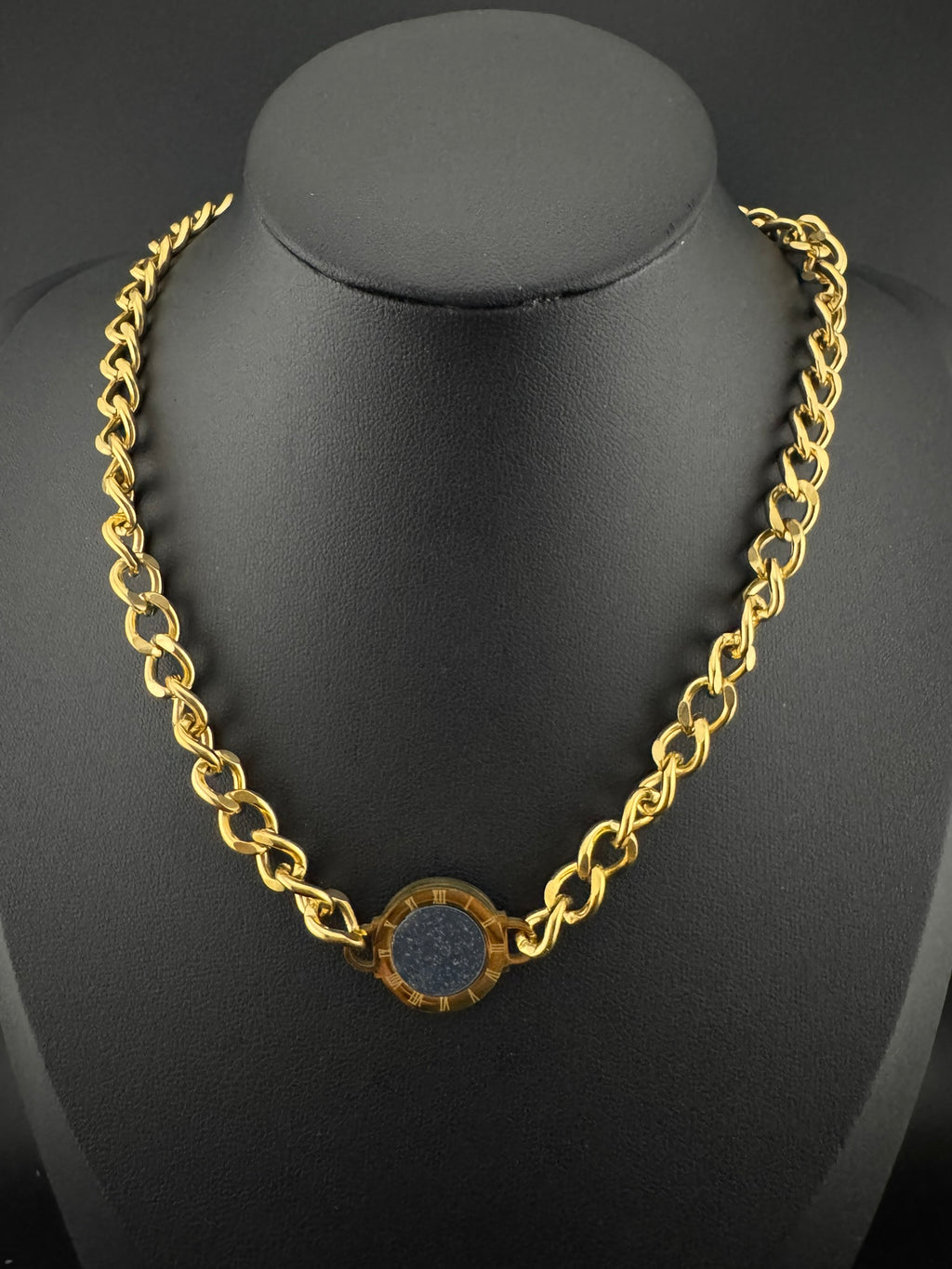 Anti-Tarnish Water resistant 18K Gold color plated thick necklace with reversable black and white stone/Roman numbers, double sided.