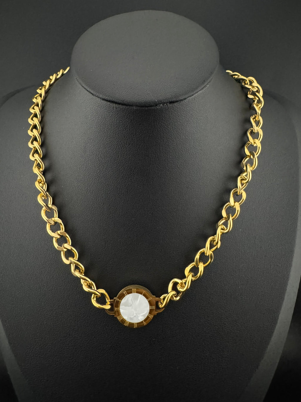 Anti-Tarnish Water resistant 18K Gold color plated thick necklace with reversable black and white stone/Roman numbers, double sided.
