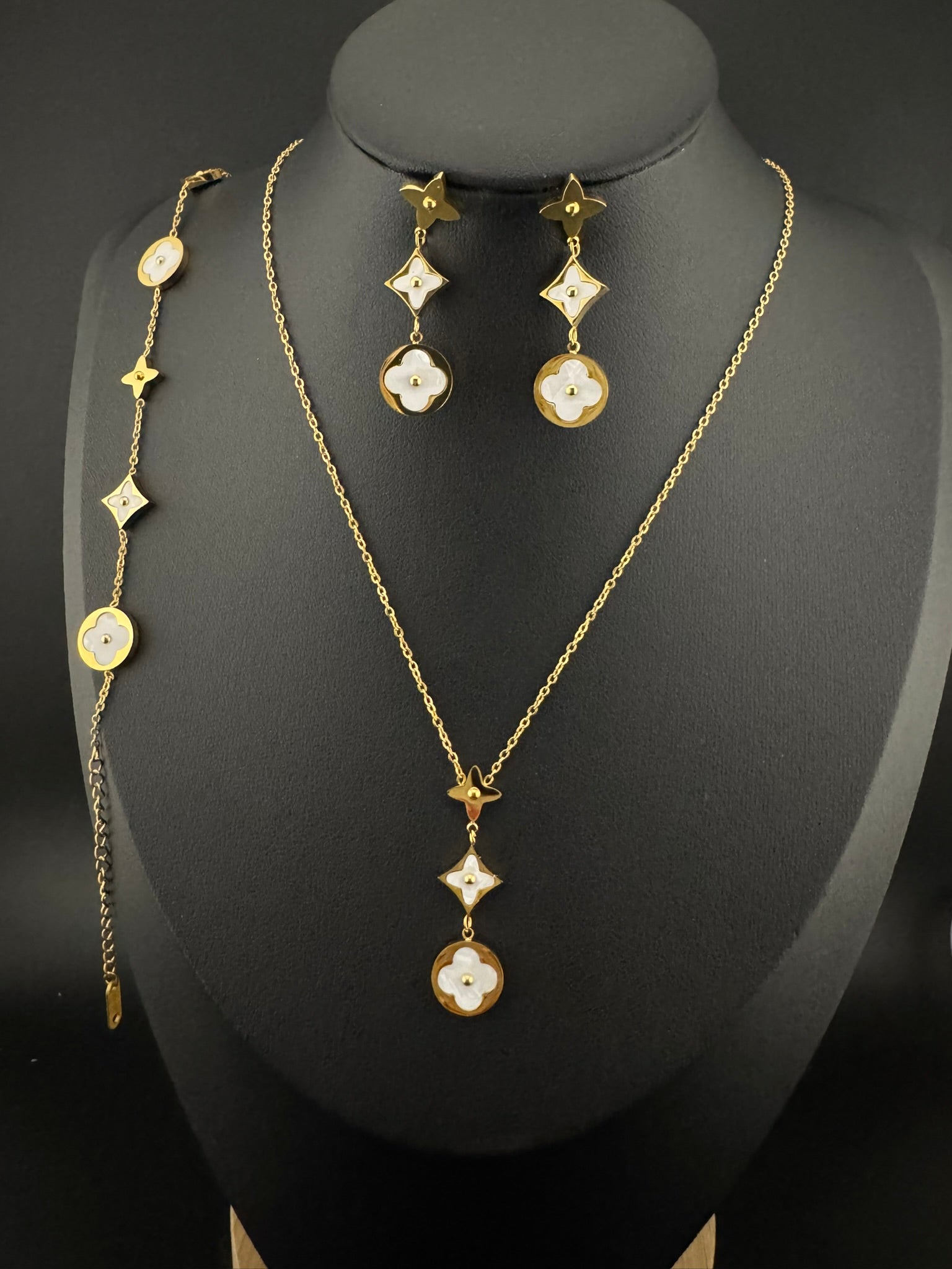 Anti-Tarnish Water resistant 18K Gold color plated Brand Inspired necklace with earring and Bracelet