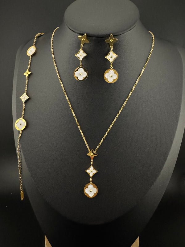 Anti-Tarnish Water resistant 18K Gold color plated Brand Inspired necklace with earring and Bracelet