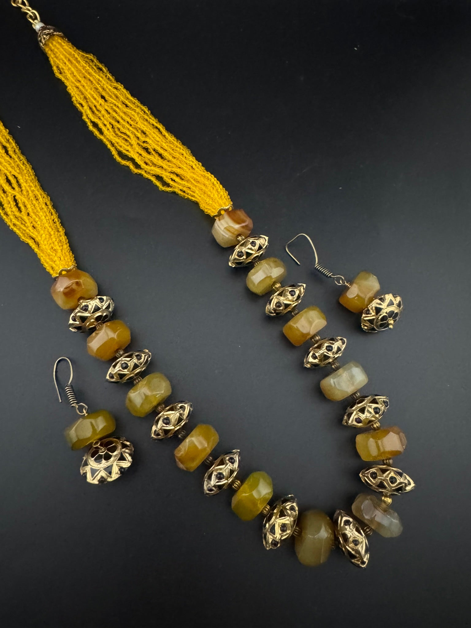 Premium Quality fusion Long Necklace with Enamel, natural and Onyx Beads with dangle earrings/Contemporary long Necklace set/Party/everyday