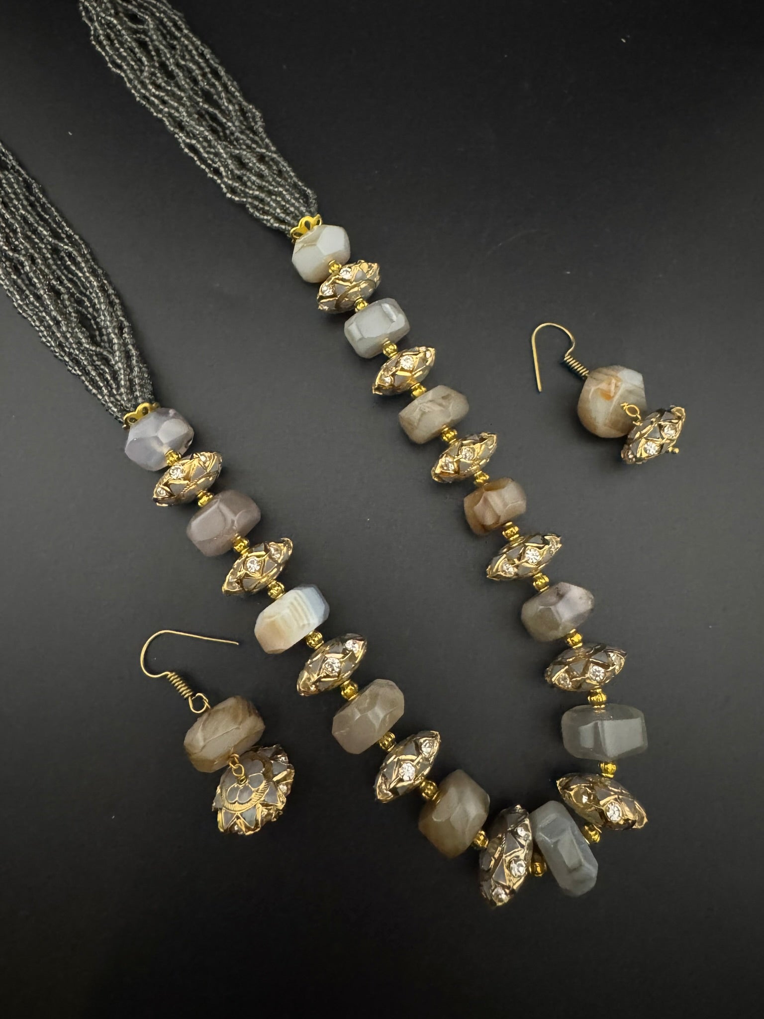 Premium Quality fusion Long Necklace with Enamel, natural and Onyx Beads with dangle earrings/Contemporary long Necklace set/Party/everyday