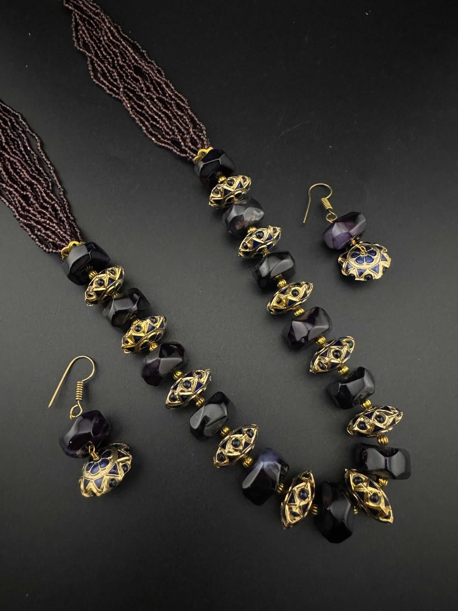 Premium Quality fusion Long Necklace with Enamel, natural and Onyx Beads with dangle earrings/Contemporary long Necklace set/Party/everyday