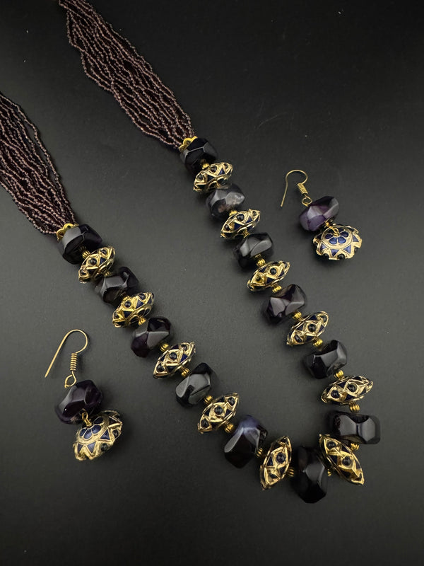 Premium Quality fusion Long Necklace with Enamel, natural and Onyx Beads with dangle earrings/Contemporary long Necklace set/Party/everyday
